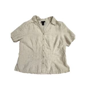 Natural/Off White Linen Button Down Shirt Short Sleeve V-Neck Size 14/16